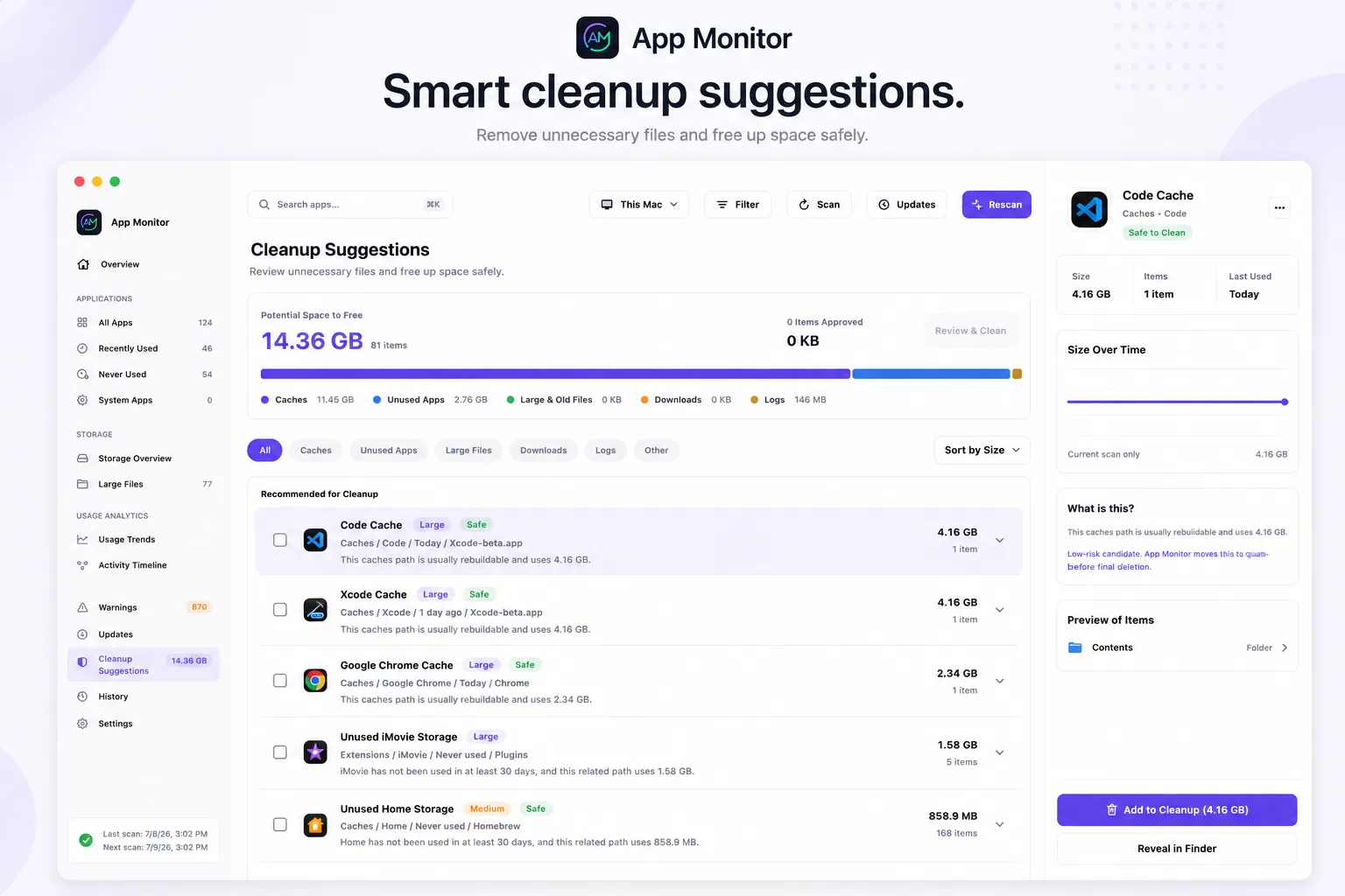Cleanup suggestions dashboard with quarantine review