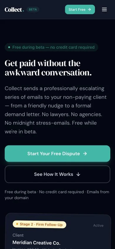 Mobile view of the launched Collect homepage