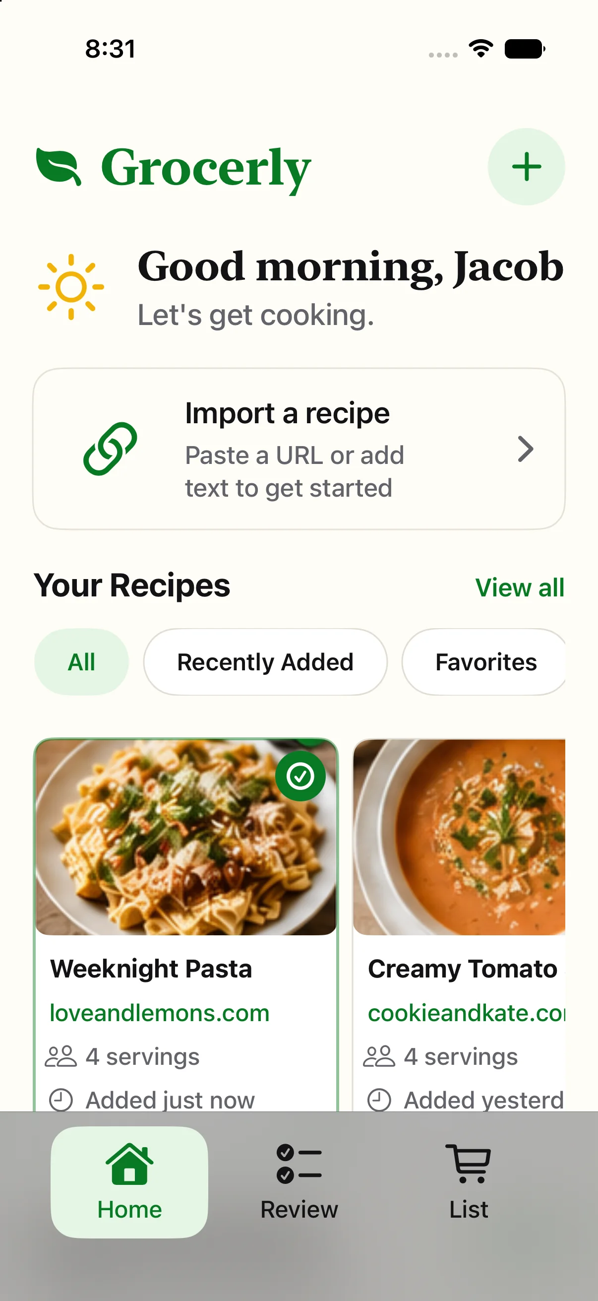 Grocerly iPhone home screen with recent recipes, grocery lists, and quick actions