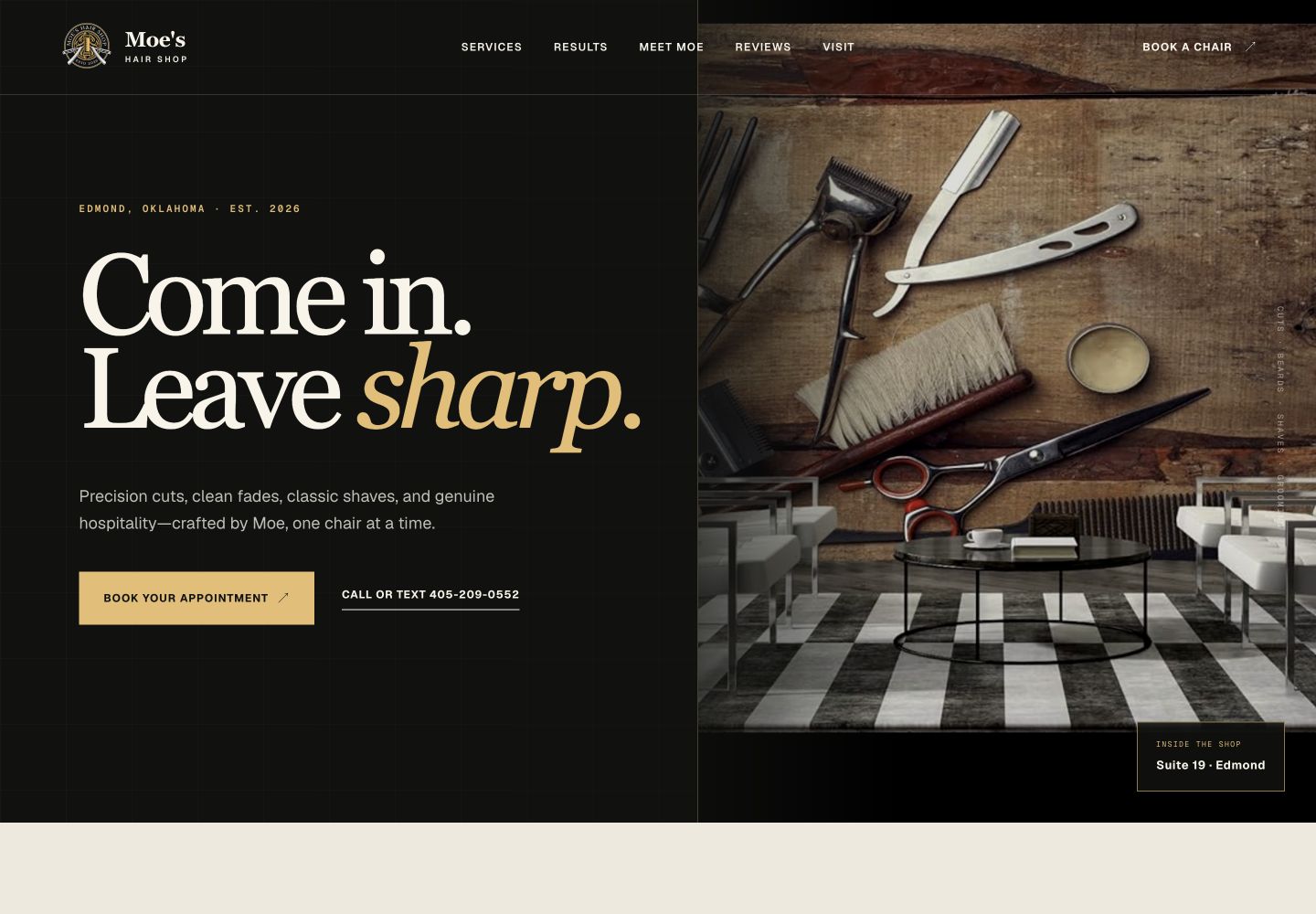 Desktop view of the launched Moe's Hair Shop homepage
