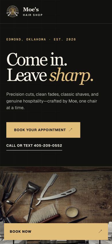Mobile view of the launched Moe's Hair Shop homepage